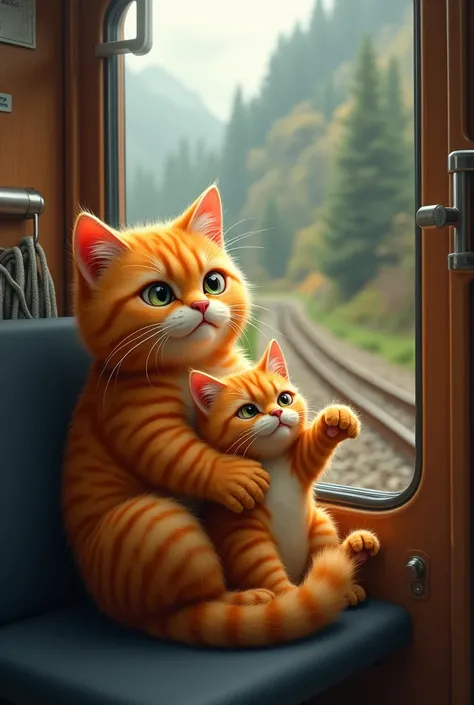 The two orange hair cats one big and her baby in the train jolts and begins to descend a steep incline, the scenery outside becoming increasingly chaotic.