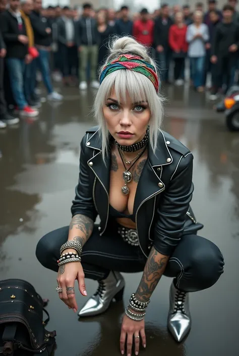 russian old milf woman, grey hair (top bun) and wide colourful bandana as headband, with very light blue eyes, extremely pale. Wearing studded cropped black moto jacket with lots of zippers and pins, black push up bra with white seams , dark skinny blue je...