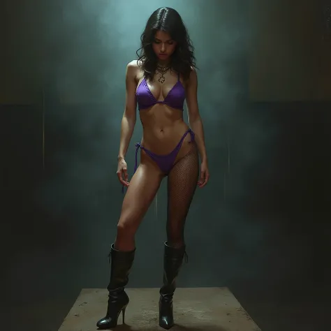 beautiful young brunette woman, oiled, make up, wearing a shiny purple bikini, fishnet leggings, Stiletto boots, small metal slave collar, standing on a auction block, looking scared and ashamed