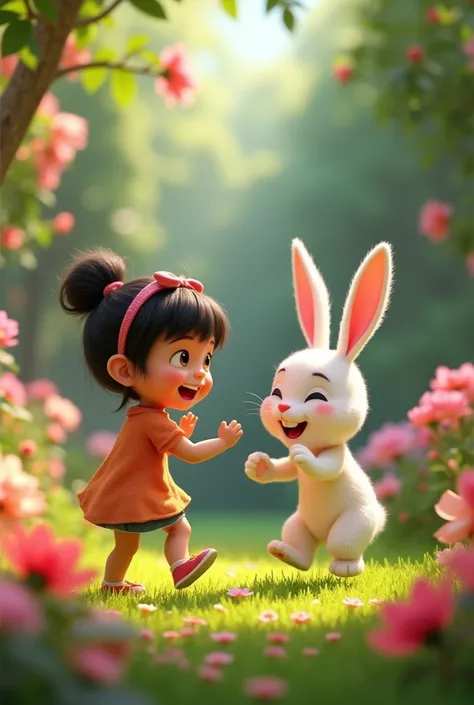 In cinematic 3d cartoon style "Mira and Bunty Playing**  
   Mira and Bunty playing together in the garden. Mira is laughing while Bunty hops around. The garden is lush and full of blooming flowers"

