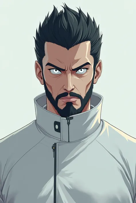 male character, black hair combed up black, totally white eyes, barba, appears to be older, wears all-white futuristic clothes. anime dash