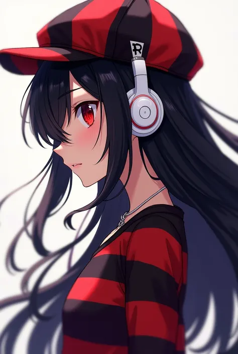 anime art/Girl/black hair/red eyes/red and black striped sweater/necklace/white headphones/in profile/with long hair/with striped black and white hat