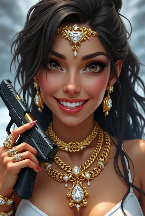 Mei from overwatch 2 with gold and diamond jewelry, rings chains bracelets, Gold and diamond teeth smiling while holding a glock in one of his hands 