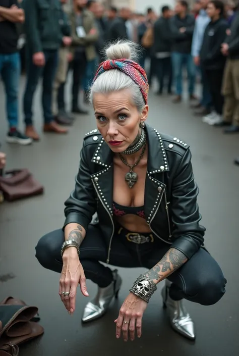 russian old milf woman, grey hair (top bun) and wide colourful bandana as headband, with very light blue eyes, extremely pale. Wearing studded cropped black moto jacket with lots of zippers and pins, black push up bra with white seams , dark skinny blue je...