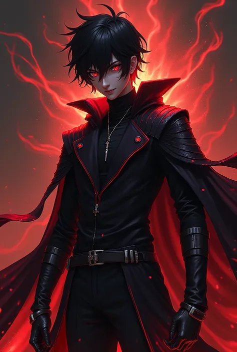 **hair**: I might have dark, messy hair, with pointed tips resembling flames or shadows, giving it a dynamic and powerful look.  **CLOTHES**: He would wear a long, dark cloak, maybe with red details, that floats dramatically around him. stylized in the sho...