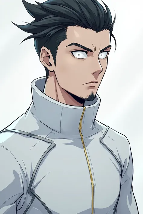 male character, black hair combed up black, totally white eyes, barba,  wears all-white futuristic clothes. anime dash