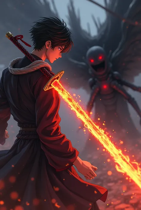 An anime boy with red eyes and fire katana in his hand and getting ready to fight a black small entity. Highly detailed View from backside 