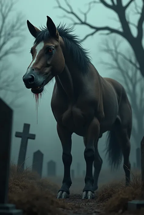 Dog with a horse&#39;s head as its head but with the dog&#39;s body, bizarre and sad with big eyes, in a cemetery at dusk, and blood in his mouth