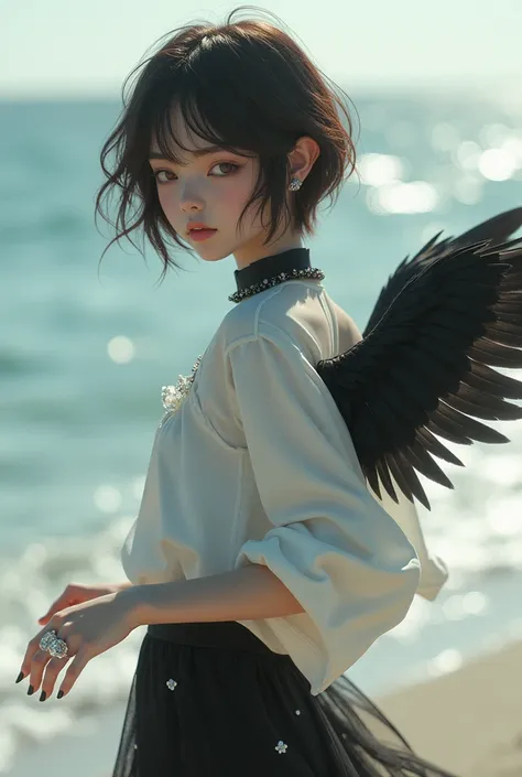 Young girl with brown short hair Mullet male asymmetrical haircut. with open ears, deathly pale skin, white gothic vampire shirt, black loose feathers  wings, cool pose wonder model, perfect dentle face,  light Fantasy effect. crystals on the rings. Dance ...