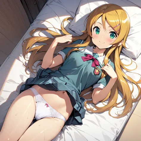 (masterpiece),(Highest quality),(Very detailed),(Best illustrations),(Best Shadow),(On a bed with white sheets),(so beautiful), kirino kousaka, Blonde, Long Hair, Hair Clip, Green Eyes, bangs, Schoolgirl uniform,smile,whole body,Showing off,White wet panti...