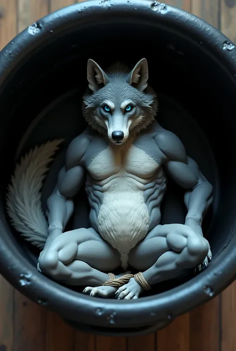 standing alone, mascle, (Scrawny), (mascle anthro wolf):1.3, gray body, white and hairy belly, (laying on back):1.3, ((natta)) (inside a black pot), knot, canine penis, detailedeyes, wolf tail, ((body portrait)), (detailedeyes, blue colored eyes, glare eye...