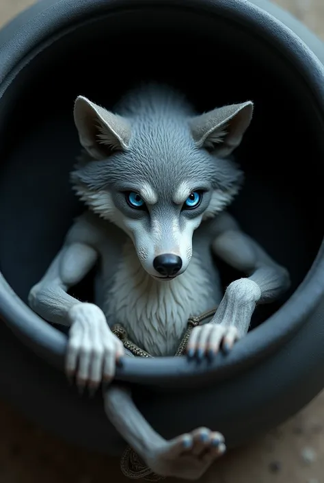 standing alone, mascle, (Scrawny), (mascle anthro wolf):1.3, gray body, white and hairy belly, (laying on back):1.3, ((natta)) (inside a black pot), knot, canine penis, detailedeyes, wolf tail, ((body portrait)), (detailedeyes, blue colored eyes, glare eye...