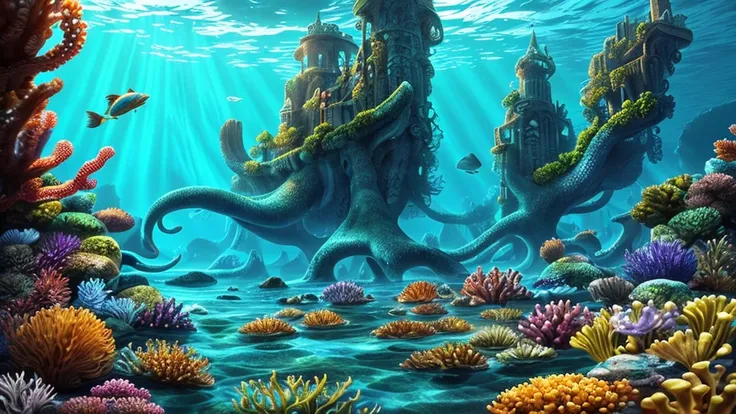 a detailed, fantasy underwater city, atlantis, highly detailed underwater architecture, glowing crystal structures, bioluminesce...