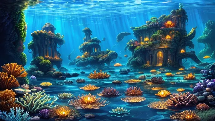 A detailed, fantasy underwater city, atlantis, highly detailed underwater architecture, glowing crystal structures, bioluminescent sea creatures, schools of colorful fish, atmospheric lighting, cinematic composition, (best quality,4k,8k,highres,masterpiece...