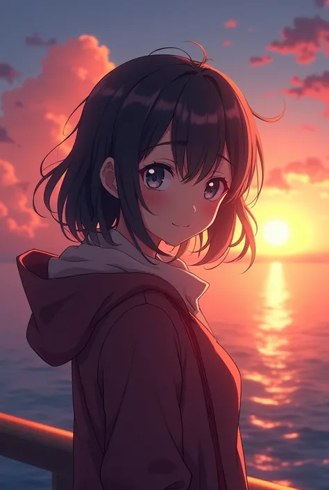 anime style, in the sky, North Sea, Both eyes opened., The eyes are detailed., in the sunset, smile, Masterpiece, 4K, detailed face, good anatomy, Highlights,  