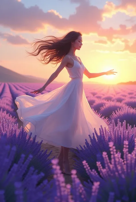 A woman dressed in a simple white dress dances barefoot in the middle of a field of blooming lavender, with the gentle wind moving the flowers and her hair at dusk.