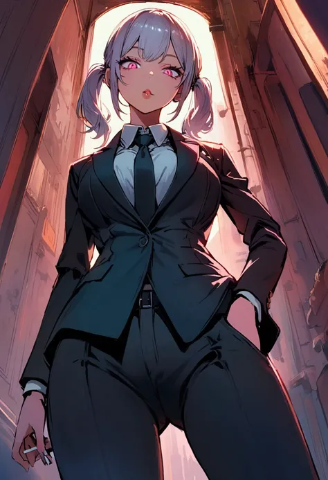 a woman in a suit, looking down at viewer with sharp eyes, she is smoking a cigarette, hands are in the trouser pocket, beautiful, pink eyes, white long twintail hair, low angle view