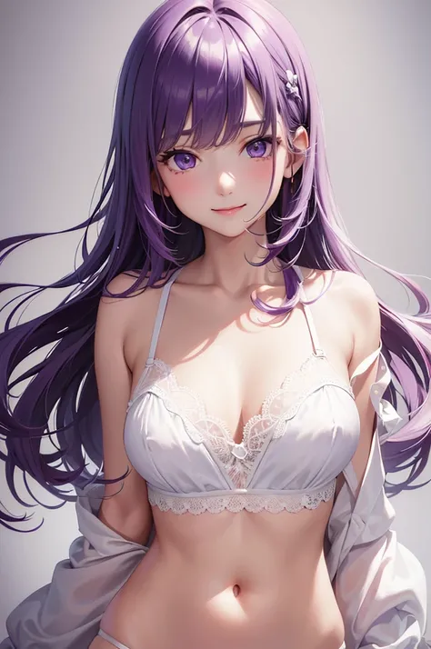 Best Quality,High resolution,8k,(plain white background, no patterns, no textures, just a plain white background:1.3),Masterpiece:1.2),beautiful girl,Big Breasts,(Shiny purple hair:1.3),(bob cut:1.2),Bobcut,Beautiful purple eyes,A set of lingerie featuring...