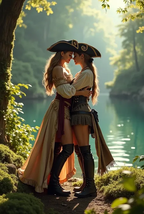 Taylor Swift and Selena Gomez as pirates, who hold each other in their arms and stand in your forest by the lake.