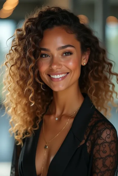  1, Caucasian skin, half mixed race, beautiful smile, curly brown hair with blonde ends, corpo sexy, Christian