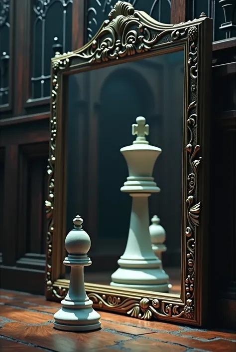 A chess pawn looking in the mirror and seeing a chess king