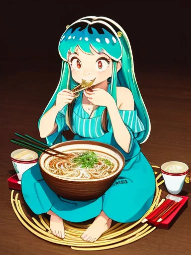 lum,lumlum,masterpiece, top quality, bewitching pose, full body wide angle, smile, (sitting:1.1) ,(eating ramen noodles:1.0), holding chopsticks and ramen bowl, slurp ones noodle