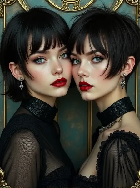 one single Beautiful 2 woman. Dark brown hair, pixie haircut. blue eyes.  daring outfit. goth tomboy. maidenly charm. Dark sci-fi. Warhammer 40k. Dieselpunk. baroque oil painting.
