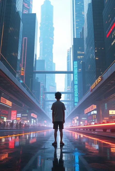 High-tech city and a boy standing between road