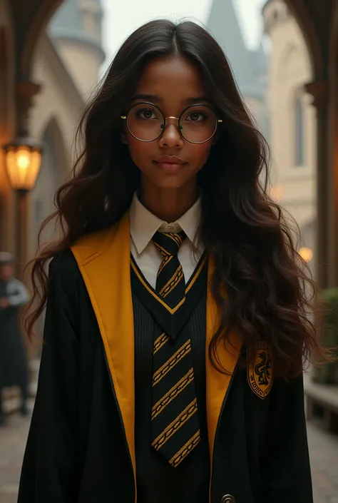 Dark skinned teenage girl with long brown hair and glasses wearing Hufflepuff uniform 