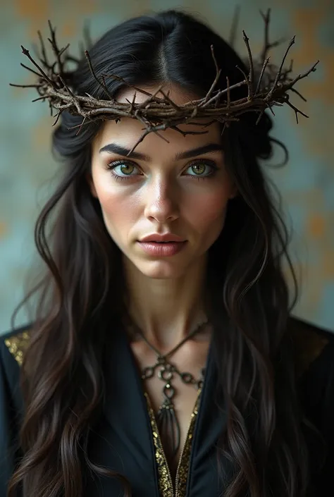 Thorns pierce the body，Long hair，Glowing eyes，Crown of Thorns，grace，crown