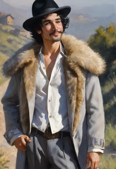 (good quality), (many details), (masterpiece), A man with hat and cigarette (20 years old), open coat with fur collar, bare chest (hairy), hat (gray with white band), wavy shoulder-length black hair, coin playfully between fingers, trickster, small beard, ...