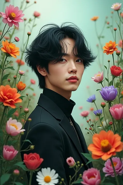 Min Yoongi with black hair between the flowers radiated licorice