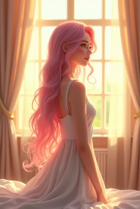 A young woman with long pink hair stands by a sunlit window in a cozy bedroom. Her hair cascades down her back, glowing softly in the morning light. Shes wearing a simple white dress, and her expression is peaceful as she gazes outside. The room is warm wi...