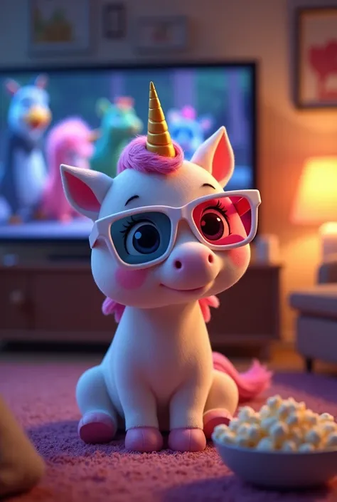 ANIMATED BABY UNICORN AT HOME WEARING 3D GLASSES SITTING WATCHING HIS TV EATING POPCORN AND WATCHING DISNEY ON HIS TV 