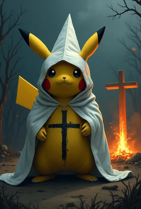 Pikachu in kukluxklan outfit with his head covered by a hood and a person burning behind him on a cross and the cross scales on his right side torso 