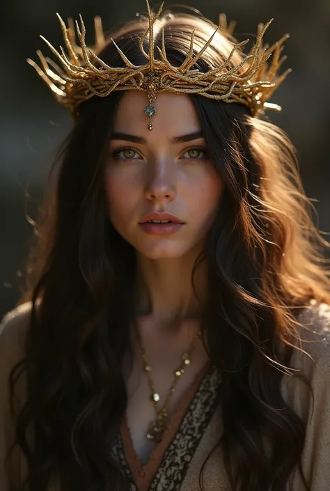 long hair，Glowing eyes，Crown of Thorns，grace，gold crown