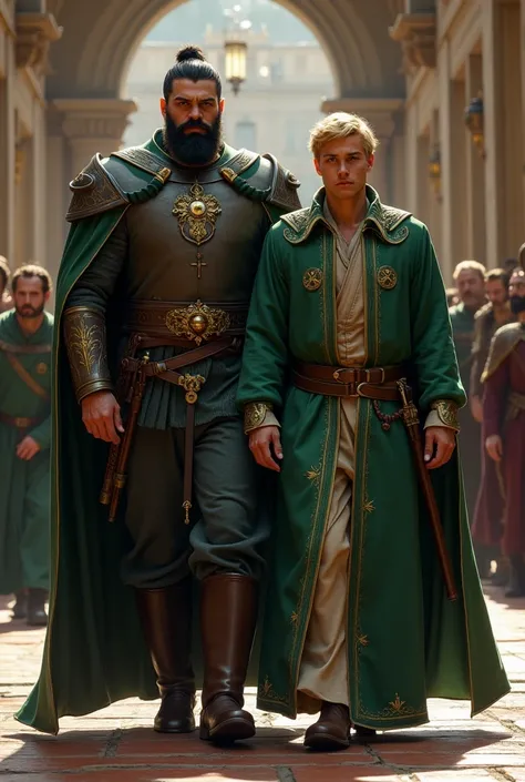 In the time of royalty, a Duke, sem beard, tall and burly with short black hair, was followed by another blond haired man wearing green healer robes