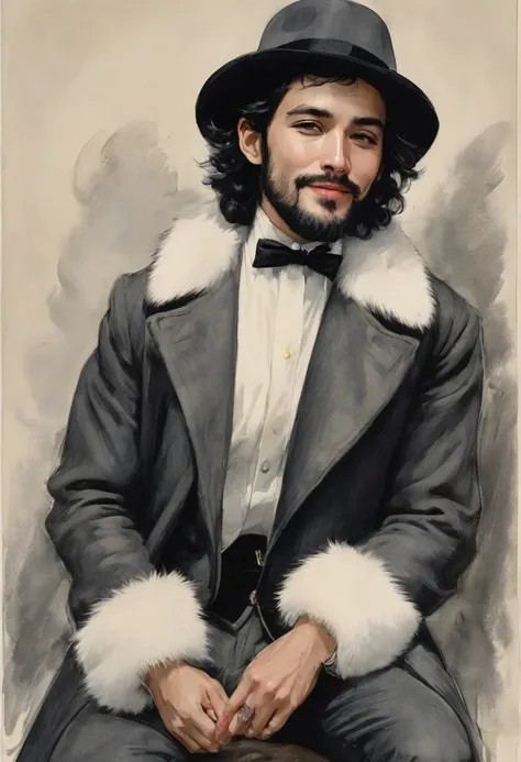 (good quality), (many details), (masterpiece), A man with hat and cigarette (20 years old), open coat with fur collar, bare chest (hairy), hat (gray with white band), wavy shoulder-length black hair, coin playfully between fingers, trickster, small beard, ...