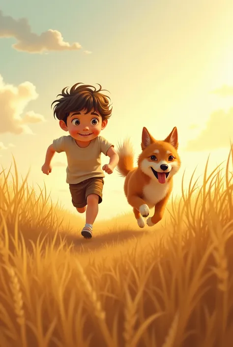 Boy and Dog Running Together in a Wheat Field: A  runs alongside his dog in a vast wheat field, both enjoying the freedom of open space, with the afternoon sun illuminating their smiles