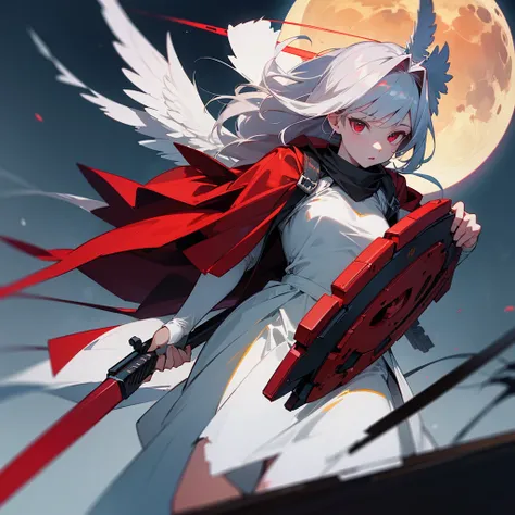 super realistic, super detailed, high resolution (1.3 resolution). angel of death. solo. bright red eyes carrying a complete weapon.. under the moonlight