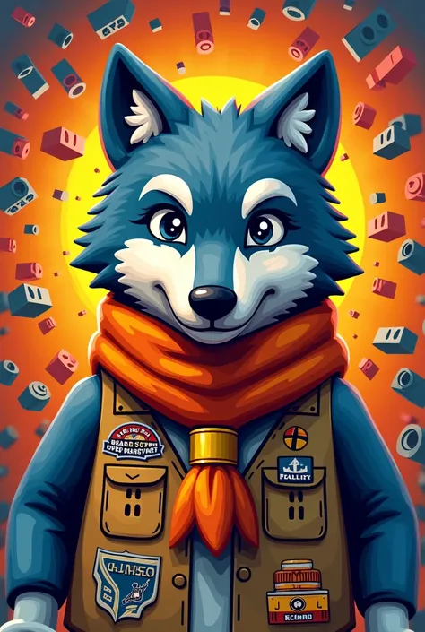 Logo for a flannel shirt featuring a wolf made of legos with an orange and yellow scout scarf around the neck, that the word Villalobos 2024 is on top and the background is made of Lego pieces. That it is for children. 