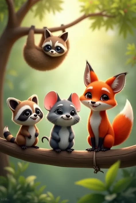 Make a little gray mouse, uma raposa, a raccoon and a sloth in a selfie. In this selfie, laziness is on a branch, the little mouse in front of all the animals, the raccoon on the left and the fox on the right