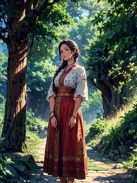 Create a anime style landscape image. Digital illustration featuring a young woman standing in a lush, sunlit forest. The style is highly detailed and vibrant, with a focus on natural lighting and intricate patterns. The woman has light skin, long brown ha...