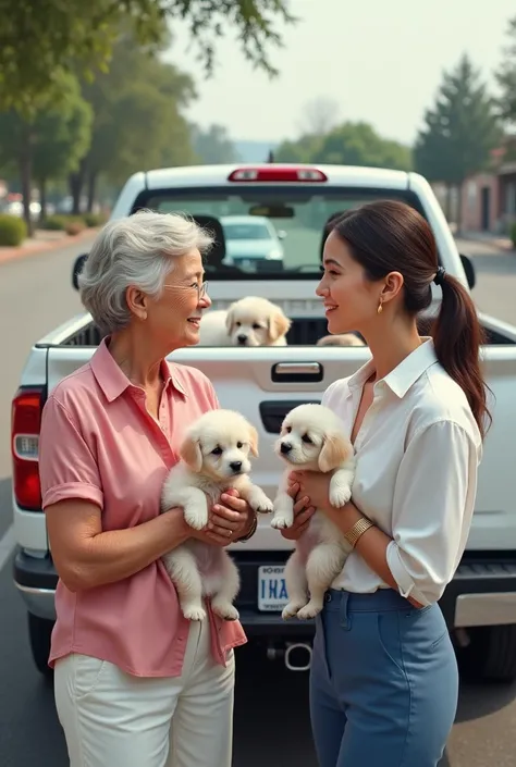 A realistic human image taken from above where you can barely see a parking lot with 2 white women, one of them an old woman wearing a pink blouse and white pants carrying a white puppy and the other woman, 3, wearing a white blouse and blue pants., They a...