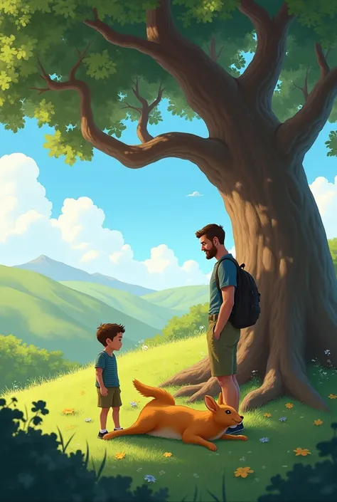 man and his son under a large tree watching a golden vizcacha on its back