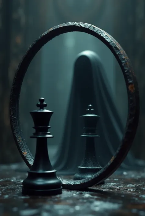 A black chess pawn piece looking into a circular mirror and in the reflection of the mirror take out the pawn and add a black chess king piece in a dark environment