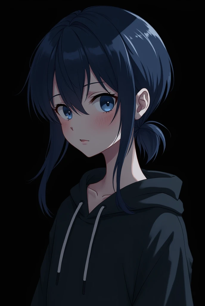 Blank Black background , involved Anime girl , dark blue hair , modern day mullet hair style , black hoodie , closed eye , smile , nerves pop on cheek
