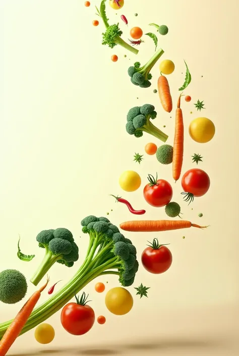 I want a sequence of vegetables, floating and moving from left to right, with the message: chemical free organic foods