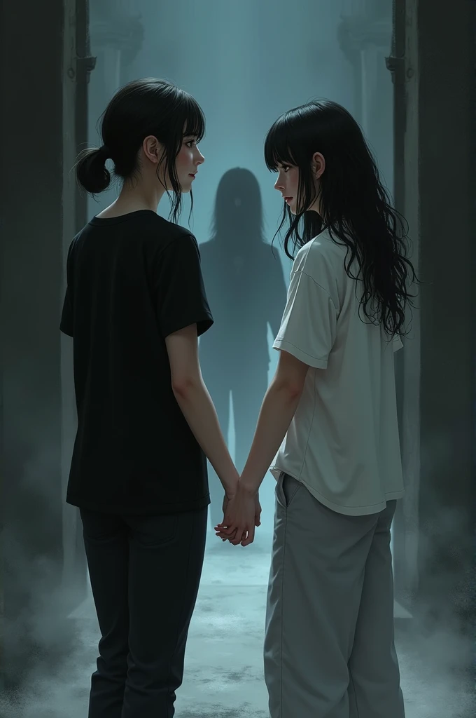 Two young women, one wearing a black shirt and black pants. Her black hair was pulled back. Another person wore a white shirt, loose hair and loose pants, standing far away. The background had a dark tone and there was a ghost. semi-realistic lines