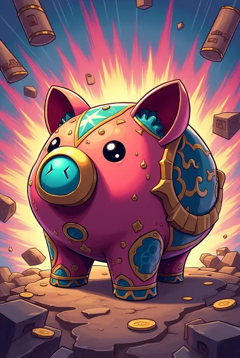 I want you to make a comic-style design of the Brawl Stars mega piggy bank like Spider-Man&#39;s: Across the Spider-Verse and put Cold Challenge and Shelly Star&#39;s new version with gems, glitter and gold, I don&#39;t want the pig, I want the mega piggy ...